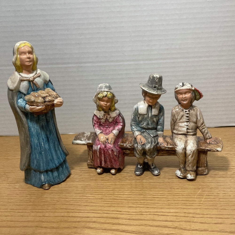 Vtg Thanksgiving Ceramic Figures Pilgrims Native American Indian Handmade 1987